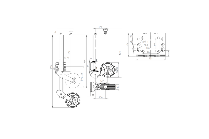 UNITRAILER automatisches Stützrad mit Griff 250 kg 60 mm 785–955 mm