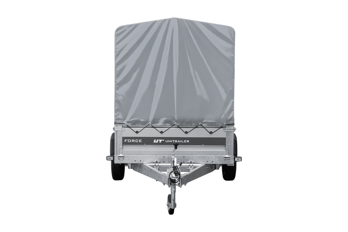 Einachsiger Federanhänger 264x125 UNITRAILER FORCE 264/R KIPP mit H-1100 Rahmen und grauer Plane