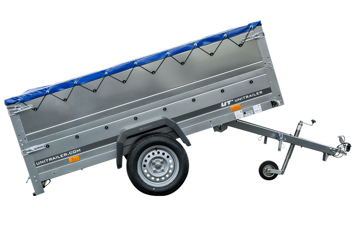 Anhänger mit faltbarer Deichsel GARDEN TRAILER 230 KIPP mit zusätzlichen Bordwänden, Stützrad und blauer Flachplane