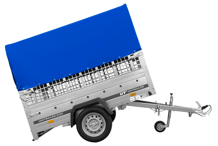 Einachsanhänger auf Federn 200x125 UNITRAILER GARDEN 201/R KIPP mit Gitterwänden, H-800-Rahmen und blauer Plane