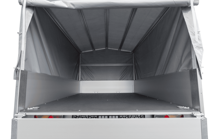 Autotransportanhänger auf Federn mit Aluminiumseitenwänden 200x125 Unitrailer Garden 201/R KIPP ALU mit H-800 Rahmen und grauer Plane