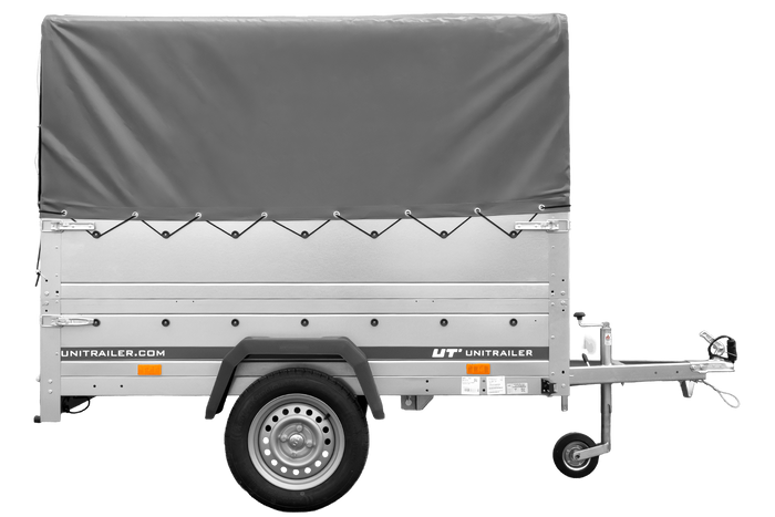 PKW-Anhänger 200x125 UNITRAILER GARDEN 201 KIPP mit Bordwandaufsatz und grauer Hochplane