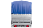Einachsiger Anhänger auf Blattfedern 230x125 UNITRAILER FORCE 230/R KIPP mit BIS-Seitenwänden, H-800-Rahmen und blauer Plane