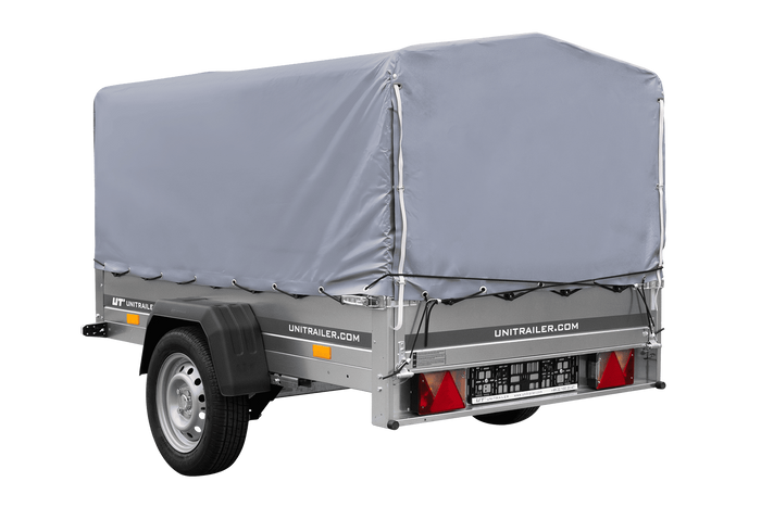 Einachsanhänger auf Blattfedern 200x125 UNITRAILER GARDEN 201/R KIPP mit H-800-Rahmen und grauer Plane