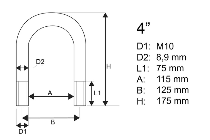 M10 U-Bügel mit Muttern und Unterlegscheiben 115/175