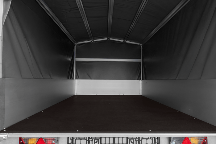 Einachsanhänger mit Aluminiumseitenwänden 264x125 Unitrailer Garden 264 KIPP ALU mit H-800 Rahmen und grauer Plane