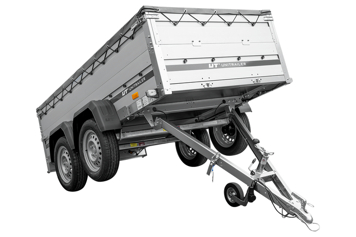 Zweiachsiger Anhänger mit Aluminiumseitenwänden 264x125 Unitrailer Garden 264/2 KIPP ALU mit BIS-Seitenwänden, H-0-Rahmen und grauer Plane