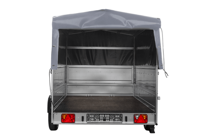 Einachsiger Anhänger auf Blattfedern 264x150 UNITRAILER GARDEN 265/R KIPP mit BIS-Seitenwänden, H-800-Rahmen und grauer Plane