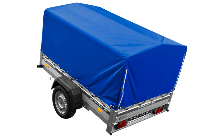 Autotransportanhänger auf Federn mit Aluminiumseitenwänden 200x125 Unitrailer Garden 201/R KIPP ALU mit H-800 Rahmen und blauer Plane