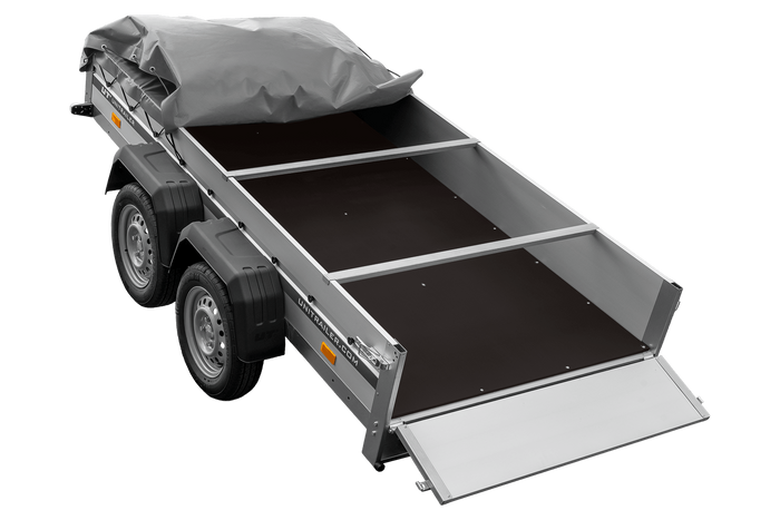 Zweiachsiger Anhänger mit Aluminiumseitenwänden 264x125 Unitrailer Garden 264/2 KIPP ALU mit H-0-Rahmen und grauer Plane