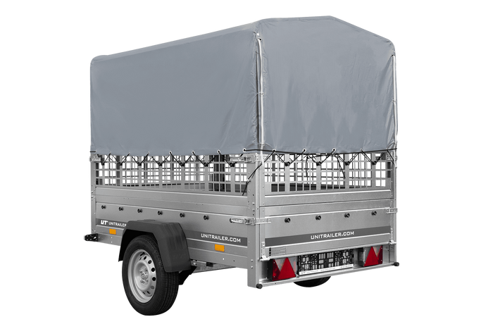 Einachsanhänger auf Federn 200x125 UNITRAILER GARDEN 201/R KIPP mit Gitterwänden, H-800-Rahmen und grauer Plane