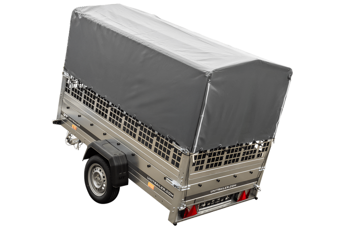 Planenanhänger 230x125 Garden Trailer 230 KIPP mit Laubgitteraufsatz, grauer Hochplane, Hochspriegel und Stützrad