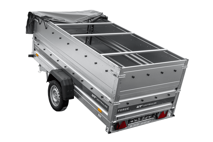 Leichter Anhänger 264x125 UNITRAILER FORCE 264 KIPP mit BIS-Seitenwänden, H-0-Rahmen und grauer Plane