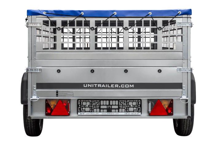 Einachsiger Anhänger auf Blattfedern 264x125 UNITRAILER GARDEN 264/R KIPP mit Gitterseitenwänden, H-0-Rahmen und blauer Plane