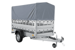 Autotransportanhänger auf Federn 230x125 UNITRAILER FORCE 230/R KIPP mit Gitterwänden, H-800 Rahmen und grauer Plane