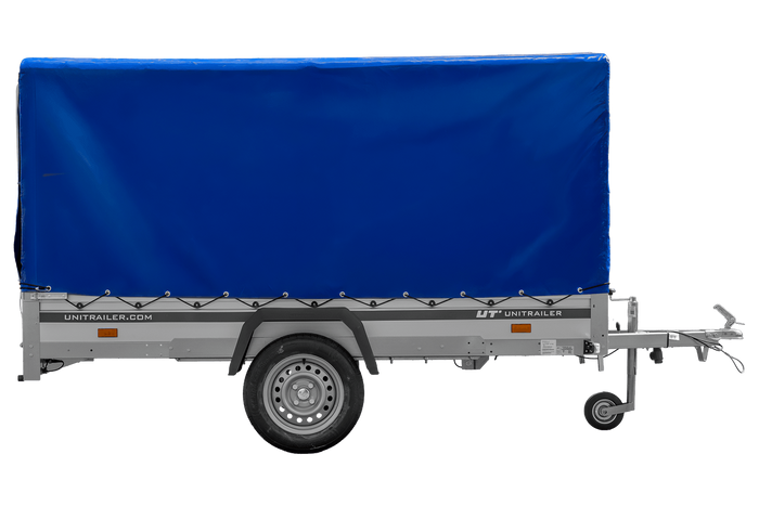 Autoanhänger mit Aluminiumseitenwänden 264x125 Unitrailer Garden 264 KIPP ALU mit H-1100 Rahmen und blauer Plane