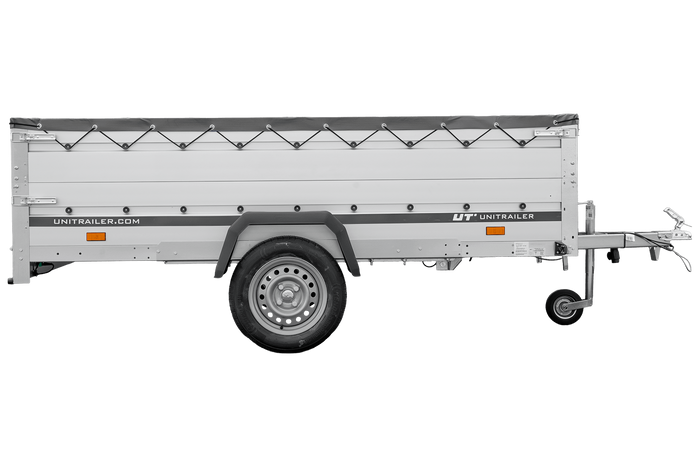 Einachsanhänger mit Aluminiumseitenwänden 264x125 Unitrailer Garden 264 KIPP ALU mit BIS-Seitenwänden, H-0-Rahmen und grauer Plane