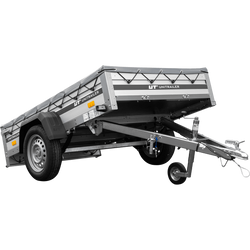 Einachsiger Anhänger auf Blattfedern mit Aluminiumseitenwänden 200x125 Unitrailer Garden 201/R KIPP ALU mit H-0-Rahmen und grauer Plane