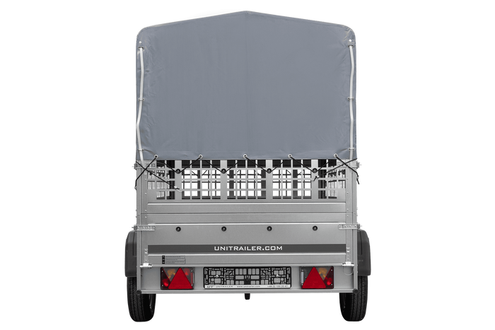 Einachsanhänger 200x125 UNITRAILER GARDEN 201 KIPP mit Gitterseitenwänden, H-800 Rahmen und grauer Plane