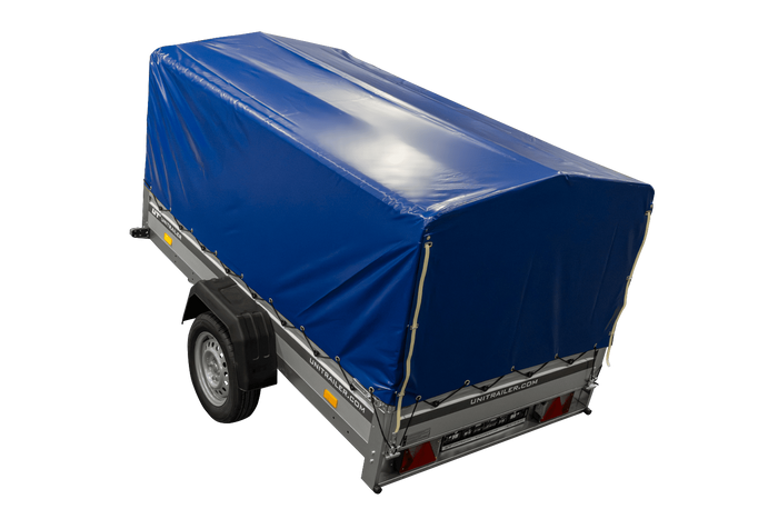 Einachsanhänger mit Aluminiumseitenwänden 230x125 Unitrailer Garden 230 KIPP ALU mit H-800 Rahmen und blauer Plane