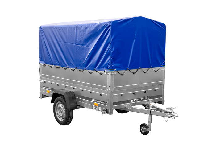 PKW-Anhänger 230x125 UNITRAILER GARDEN 230 FD mit BIS-Bordwänden, H-800-Gestell und blauer Plane