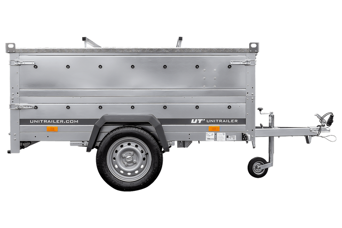 Einachsiger Anhänger auf Blattfedern 230x125 UNITRAILER GARDEN 230/R KIPP mit BIS-Seitenwänden und Aluminiumabdeckung