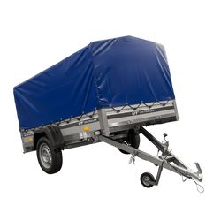 Einachsanhänger mit ALU-Bordwänden 230x125 Unitrailer Garden 230 KIPP ALU mit H-800 Rahmen und blauer Plane