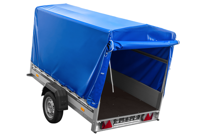 Autotransportanhänger mit Aluminiumwänden 230x125 Unitrailer Garden 230 KIPP ALU mit H1100-Rahmen und blauer Plane