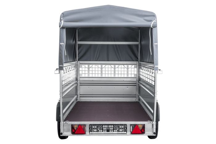 Autotransportanhänger auf Federn 230x125 UNITRAILER FORCE 230/R KIPP mit Gitterwänden, H-800 Rahmen und grauer Plane