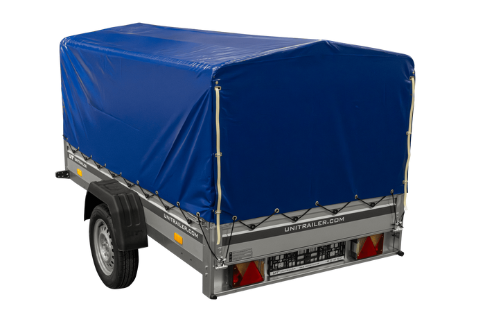 Einachsanhänger mit Aluminiumseitenwänden 230x125 Unitrailer Garden 230 KIPP ALU mit H-800 Rahmen und blauer Plane