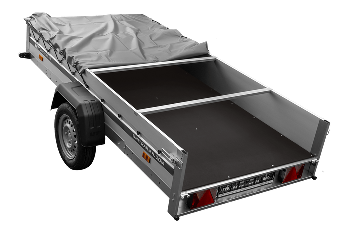Autotransportanhänger mit Aluminiumseitenwänden 264x125 Unitrailer Garden 264 KIPP ALU mit H-0-Rahmen und grauer Plane
