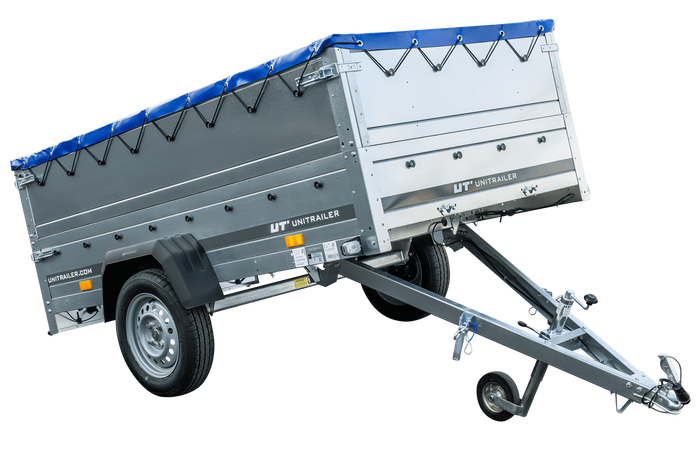 Anhänger mit faltbarer Deichsel GARDEN TRAILER 230 KIPP mit zusätzlichen Bordwänden, Stützrad und blauer Flachplane