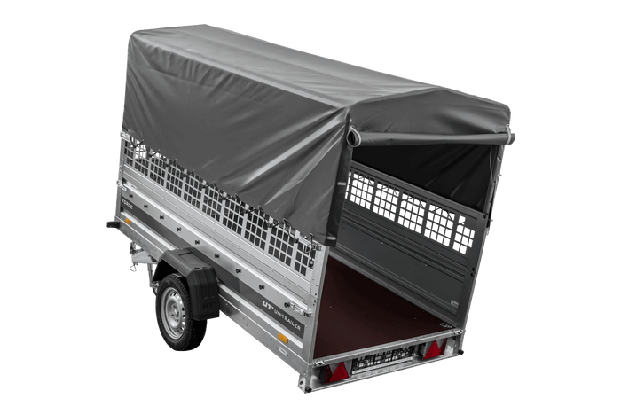 Autotransportanhänger 264x125 UNITRAILER FORCE 264 KIPP mit Gitterwänden, H-800 Rahmen und grauer Plane