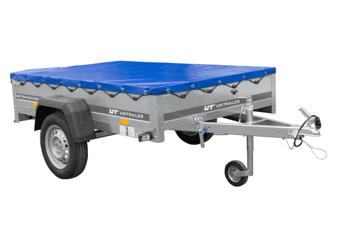 PKW-Anhänger 200x125 UNITRAILER GARDEN 201 KIPP mit blauer Flachplane und Flachplanenträger