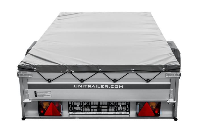 Autotransportanhänger mit Aluminiumseitenwänden 264x125 Unitrailer Garden 264 KIPP ALU mit H-0-Rahmen und grauer Plane