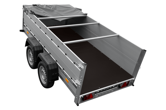 Zweiachsiger Anhänger mit Aluminiumseitenwänden 264x125 Unitrailer Garden 264/2 KIPP ALU mit BIS-Seitenwänden, H-0-Rahmen und grauer Plane