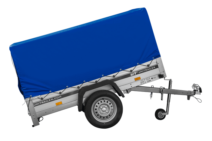Einachsanhänger mit Aluminiumseitenwänden 200x125 Unitrailer Garden 201 KIPP ALU mit H-800 Rahmen und blauer Plane