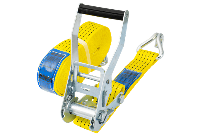 Satz aus vier gelben UNITRAILER 8m/50mm/5t Transportgurten mit Spannvorrichtung