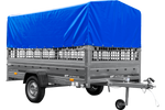Autotransportanhänger auf Blattfedern 264x150 UNITRAILER GARDEN 265/R KIPP mit Gitterwänden, H-800 Rahmen und blauer Plane