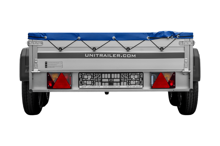 Zweiachsiger Anhänger mit Aluminiumseitenwänden 264x125 Unitrailer Garden 264/2 KIPP ALU mit H-0-Rahmen und blauer Plane