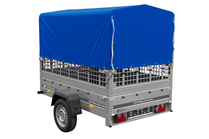 PKW-Anhänger 200x125 UNITRAILER GARDEN 201 KIPP mit Gitteraufsatz und blauer Hochplane
