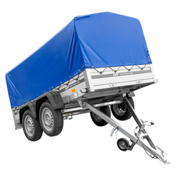 Zweiachsiger Anhänger mit Aluminiumseitenwänden 264x125 Unitrailer Garden 264/2 KIPP ALU mit H-800 Rahmen und blauer Plane