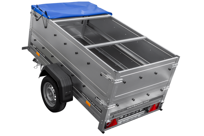 Gartenanhänger 200 Kipp mit Stützrad, zwei Seitenwänden, H-0-Rahmen und blauer Plane