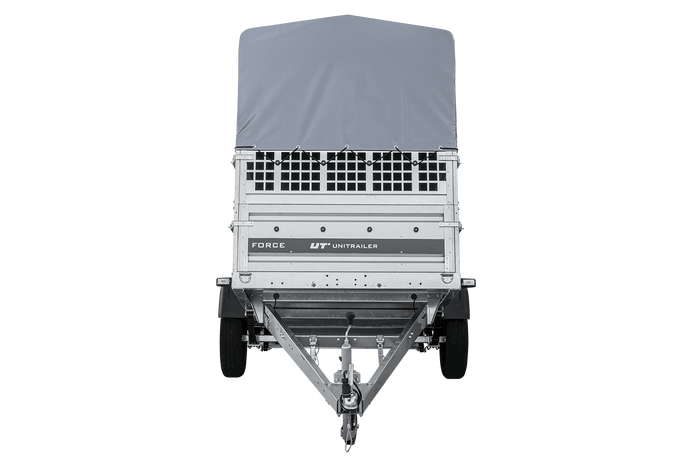 Autotransportanhänger auf Federn 230x125 UNITRAILER FORCE 230/R KIPP mit Gitterwänden, H-800 Rahmen und grauer Plane
