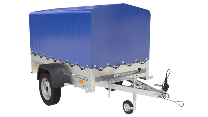 Einachsanhänger auf Federn 200x125 UNITRAILER GARDEN 201/R KIPP mit H-800-Rahmen und blauer Plane