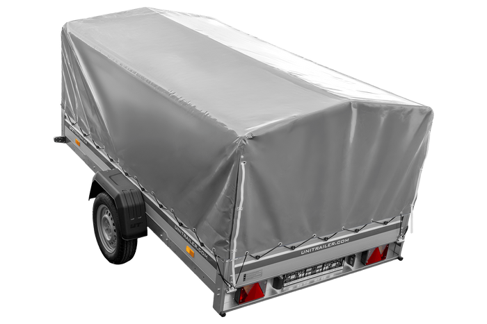 Einachsanhänger mit Aluminiumseitenwänden 264x150 Unitrailer Garden 265 KIPP ALU mit H-800 Rahmen und grauer Plane