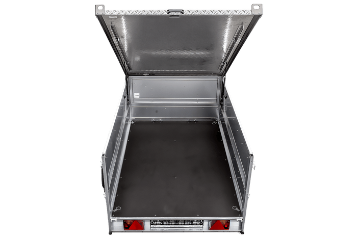 Einachsiger Anhänger auf Blattfedern 230x125 UNITRAILER GARDEN 230/R KIPP mit BIS-Seitenwänden und Aluminiumabdeckung