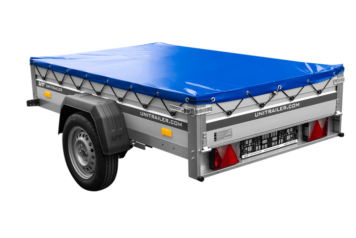 Einachsiger Anhänger auf Blattfedern mit Aluminiumseitenwänden 200x125 Unitrailer Garden 201/R KIPP ALU mit H-0-Rahmen und blauer Plane