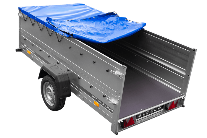 Großer Anhänger 750 kg GARDEN TRAILER 264 KIPP mit Bordwandaufsatz [zusätzliche 40 cm], Stützrad und blauer Flachplane