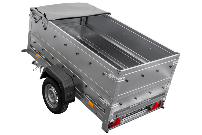 Autotransportanhänger 200x106 UNITRAILER GARDEN 200 KIPP mit BIS-Seitenwänden und grauer Plane